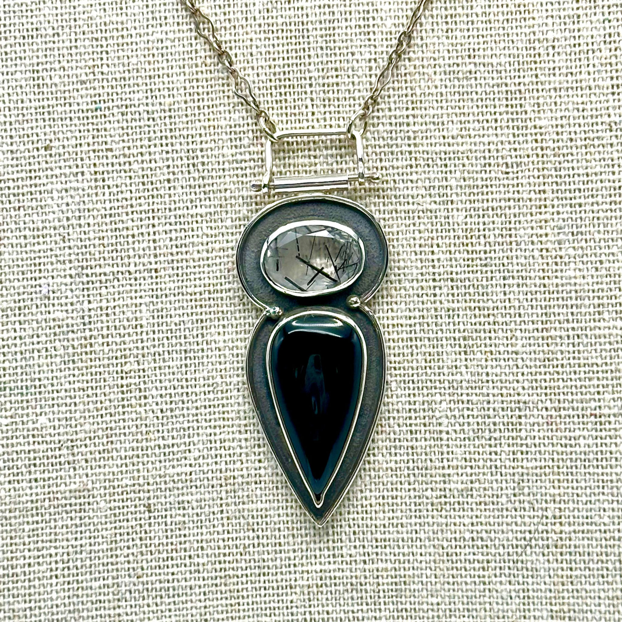 Tourmalinated Quartz, Black Onyx, and Sterling Silver Pendant Necklace Gothic