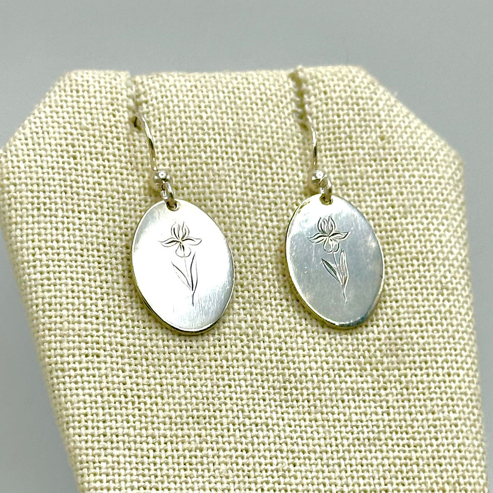 Thumbnail: Hand Engraved Iris Flower Dangle/Dangly/Drop Earring/Earrings Flower February