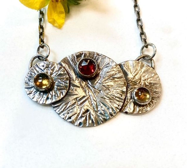 Hammered sterling silver garnet citrine necklace