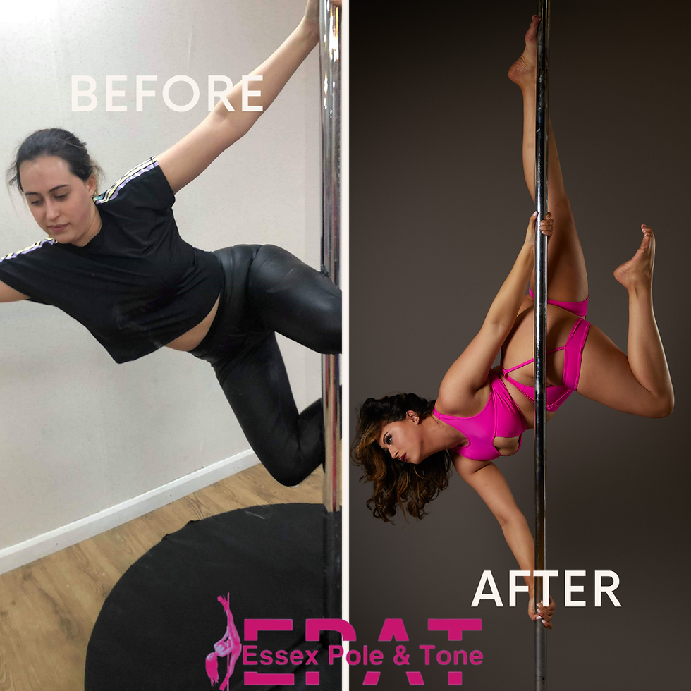Student Progress in pole fitness - first class vs current level, confidence transformations, flexibility improvements! Student pole progress at essex pole and tone in romford essex.