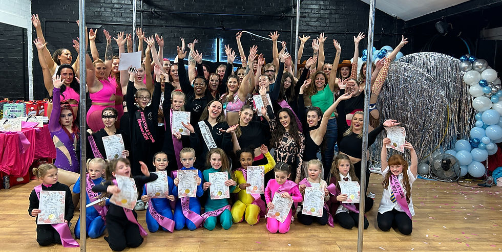 Students celebrating after a studio community showcase performance. Mixed group of students of all shapes, sizes, ages and genders.