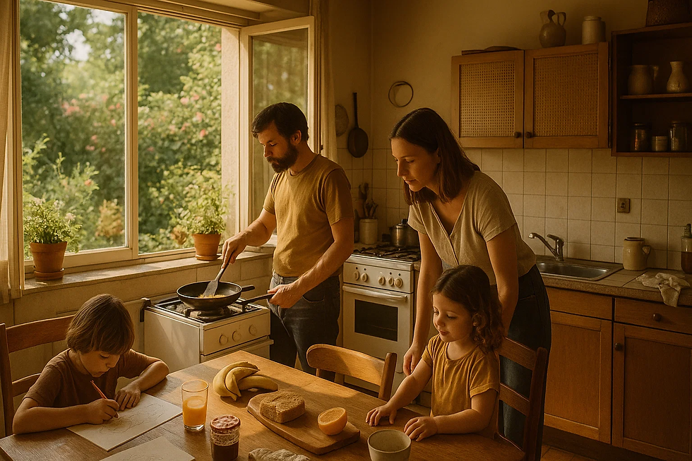 A father cooking breakfast in a sunlit kitchen while his partner and two children interact at the table. The kitchen is cozy and slightly messy, with open windows showing a garden outside.