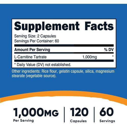Miniatura: Tartrato de L-carnitina Nutricost, 1000 mg, 120 cápsulas