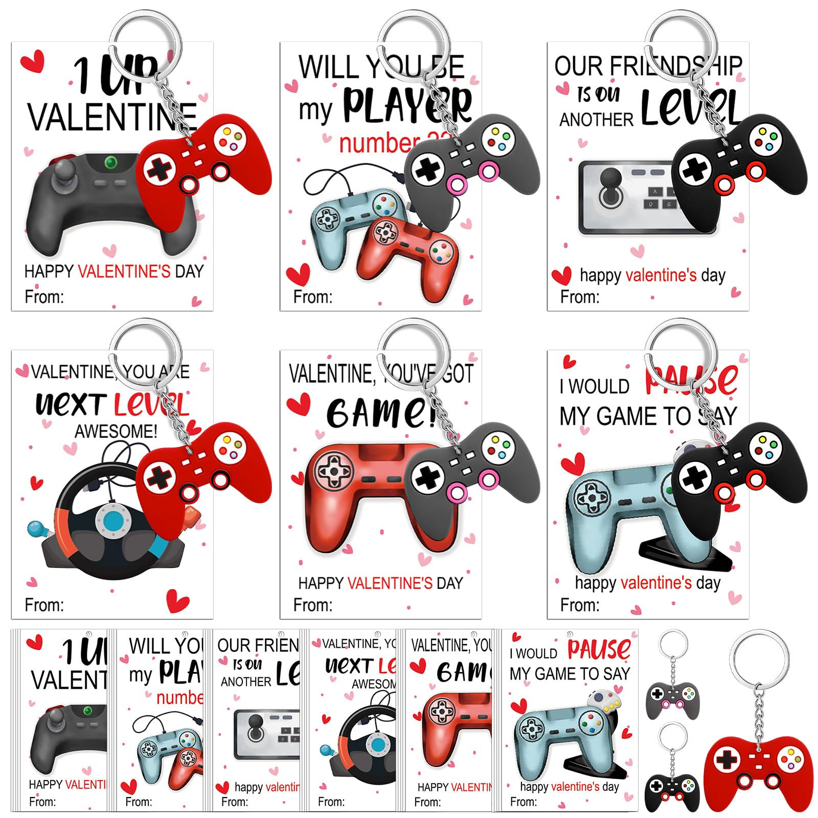 Ecation 60 Pcs Valentines Day Video Game Gifts Cards with Keychains include 30 V