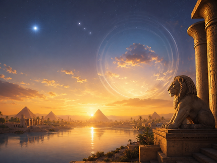Sirius Bridge and Lion’s Gate energy over Egyptian pyramids with golden sunrise