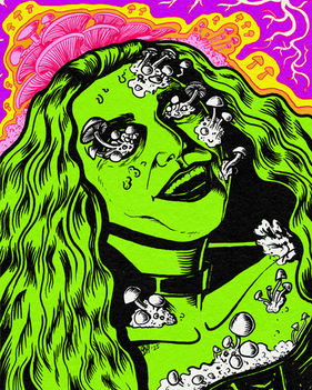 Inked horror portrait of Bitter Karella, a popular horror author and comedian who runs the popular microfiction account, MIDNIGHT PALS.