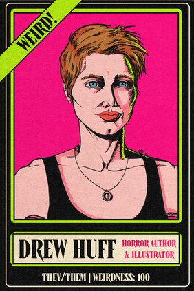author baseball card in pink and green with drew huff's image.