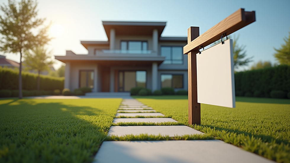 Eye-level view of a modern house with a "For Sale" sign in front