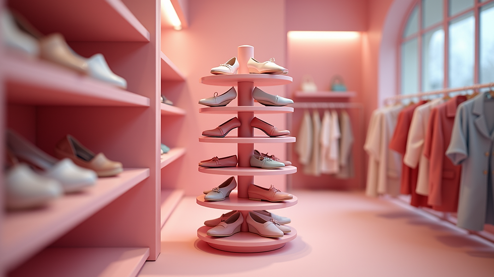 Eye-level view of a spinning pink shoe rack displaying a variety of stylish shoes
