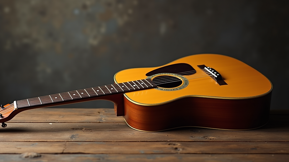 Close-up view of a vintage acoustic guitar resting on a wooden table
