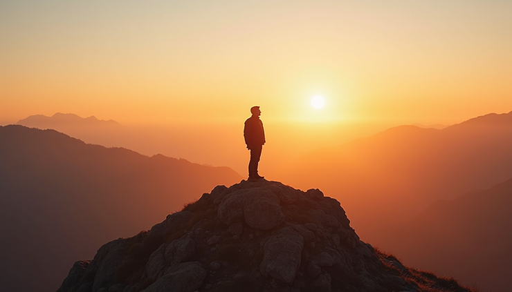 Eye-level view of a person standing on a mountain peak looking at a sunrise