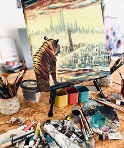 Lu works at the atelier. Original surreal oil painting by artist Lu Kuznetsova