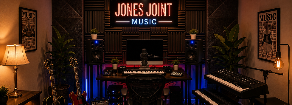 JJM Studio Jones Joint Music studio with keyboards, guitars and recording equipment