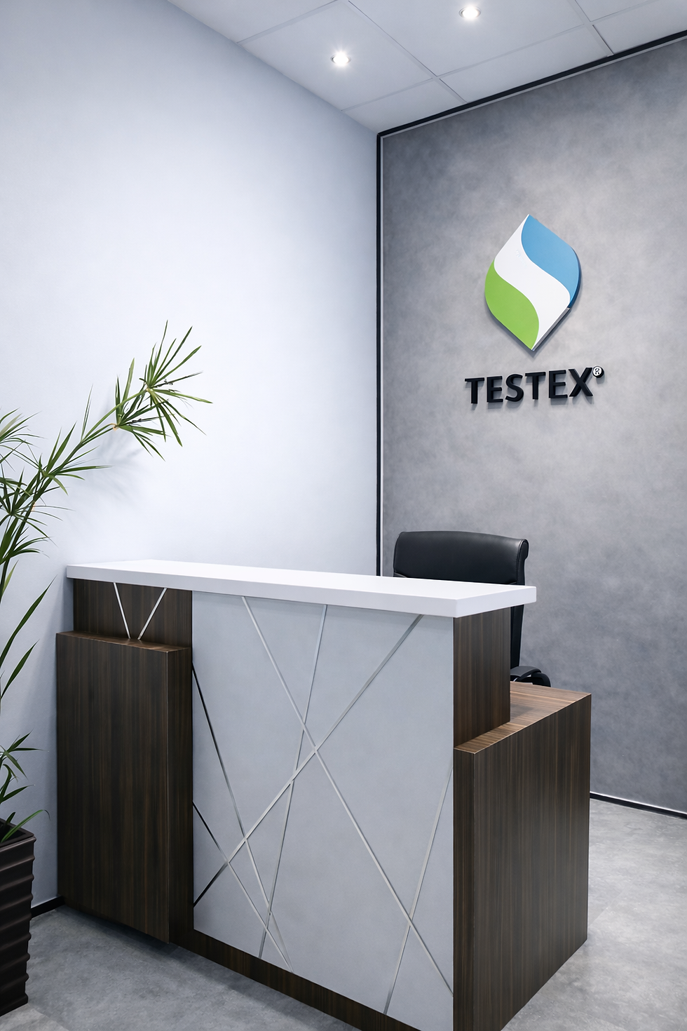 Modern and elegant reception area at Testex, featuring a sleek desk design and a welcoming ambiance.