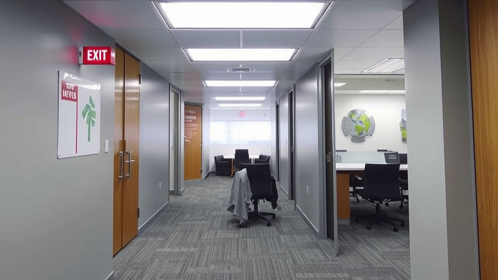 Modern office corridor with a marked exit sign and clear evacuation route for safety and accessibility.
