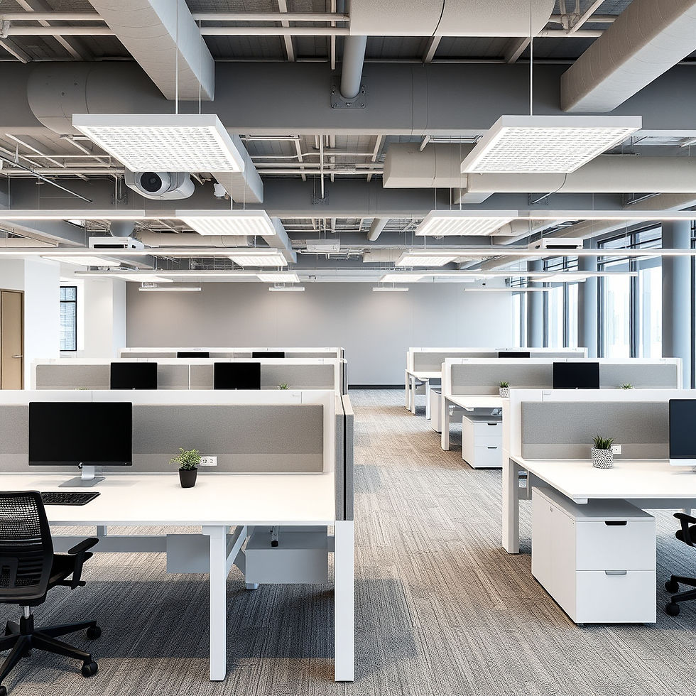 Modern open office workstation with HPL desks and acoustic dividers.