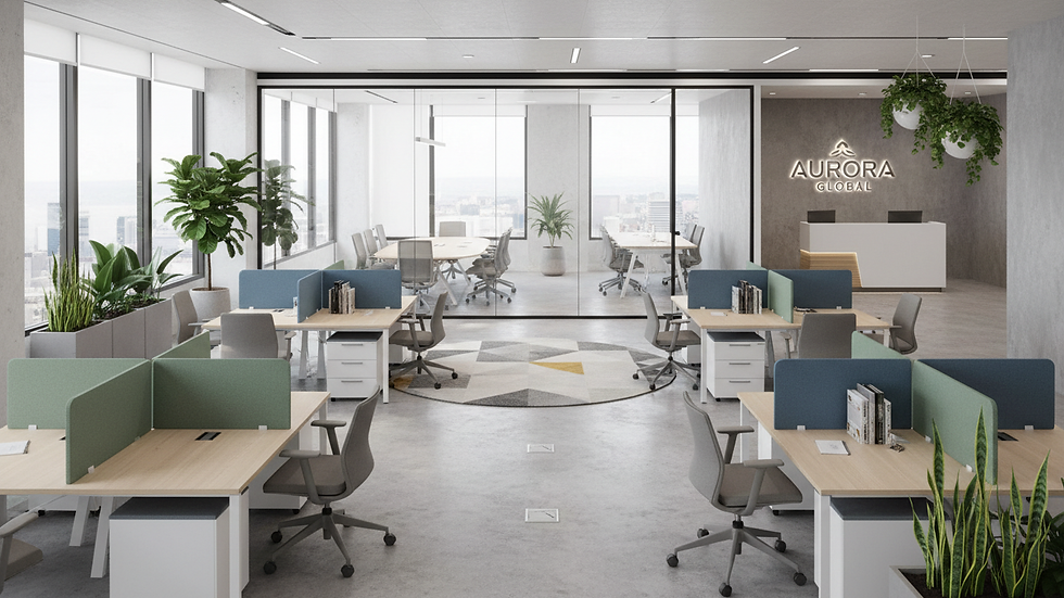 a collaborative workspace with modular furniture and greenery