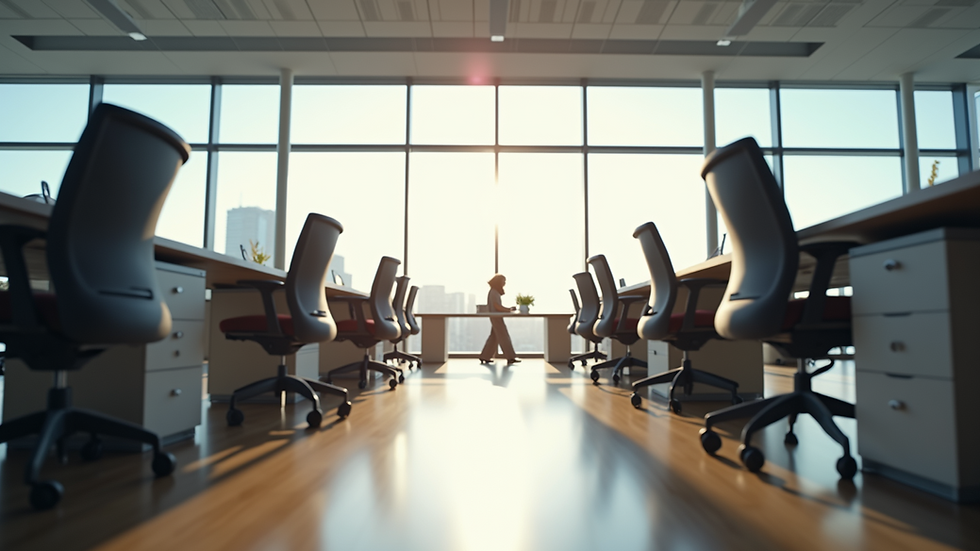 Eye-level view of a modern office space with ergonomic furniture and natural light