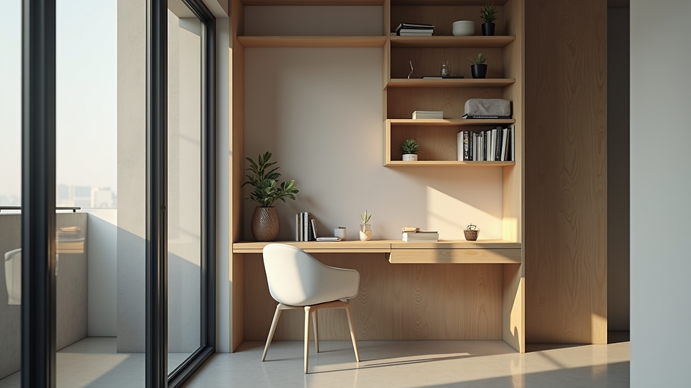 Close-up view of a compact office corner with vertical shelves and a small desk