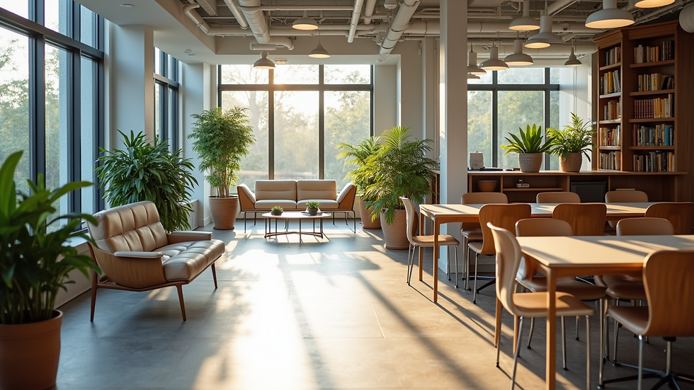 High angle view of a collaborative office space with modern furniture and plants