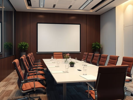 Modern corporate conference room with clean lines, professional lighting, and functional layout