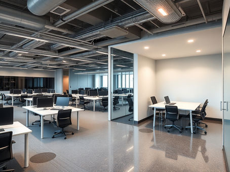    Modern office design with a spacious carpeted workspace featuring twenty desks and a private vinyl-floored area for focused work.