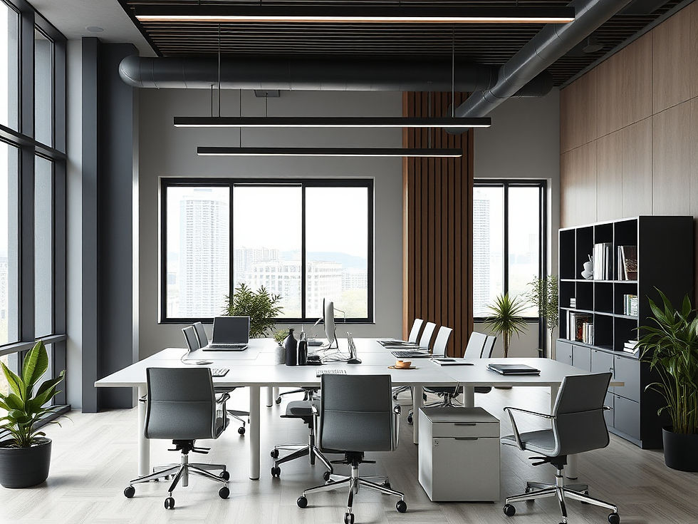 Modern office workspace with minimalist MEP design, featuring sleek furniture, large windows, and exposed ductwork.