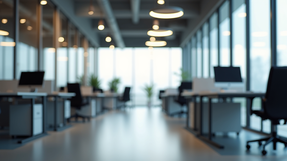 Eye-level view of modern office workspace with ergonomic furniture