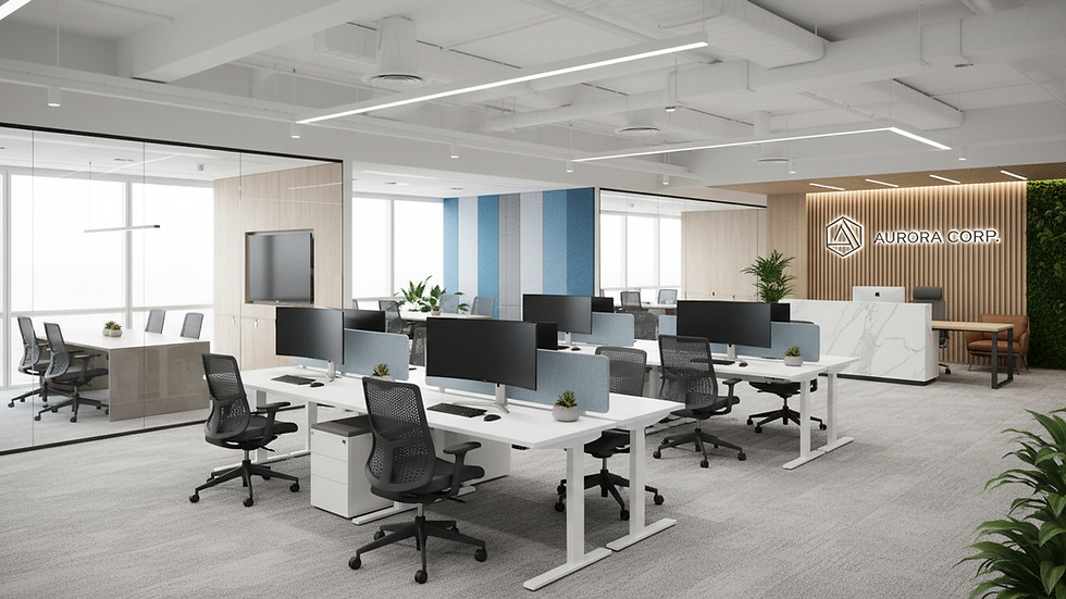 modern office workspace with ergonomic chairs and natural light