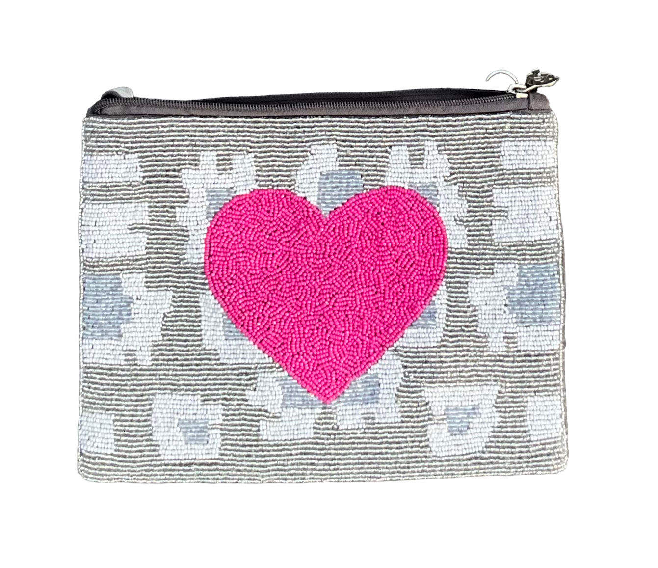 Pink Heart Top Zip Beaded Clutch