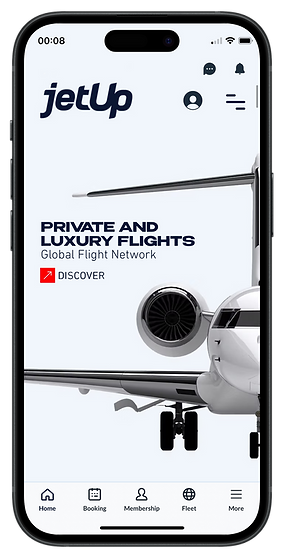 JETUP mobile app home screen for private jet booking and elite flight management