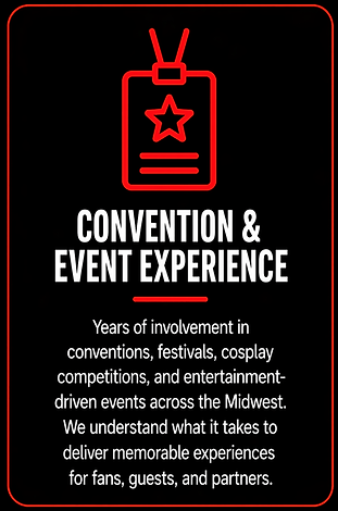 Convention and Event Experience card for Tribe 3 Productions highlighting years of involvement in conventions, festivals, cosplay competitions, and Midwest live events.
