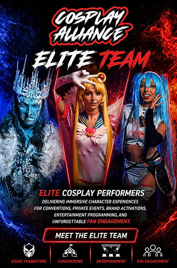 Promotional card for Tribe 3 Productions’ Cosplay Alliance Elite Team featuring professional cosplay performers available for conventions, private events, brand activations, entertainment programming, and fan engagement in Chicago.