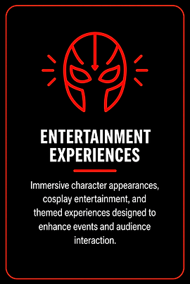Entertainment experiences services card for Tribe 3 Productions featuring immersive character appearances, cosplay entertainment, and themed event experiences.