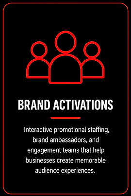 Brand activation services card for Tribe 3 Productions featuring promotional staffing, brand ambassadors, audience engagement, and experiential marketing support