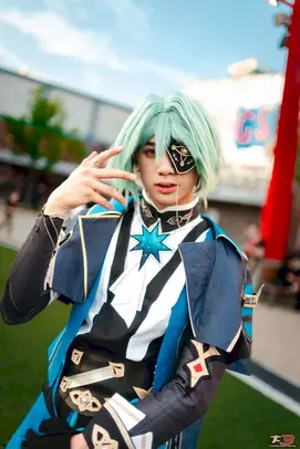 Blue costume cosplayer posing outdoors during Anime Central 2026 Media Day