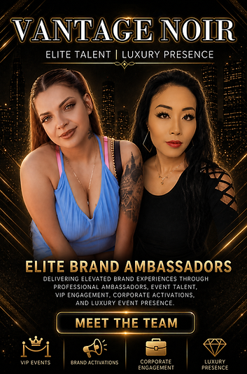 Vantage Noir by Tribe 3 Productions promotional card featuring elite brand ambassadors and luxury event talent available for VIP events, corporate activations, nightlife promotions, experiential marketing, and premium guest engagement services in Chicago.