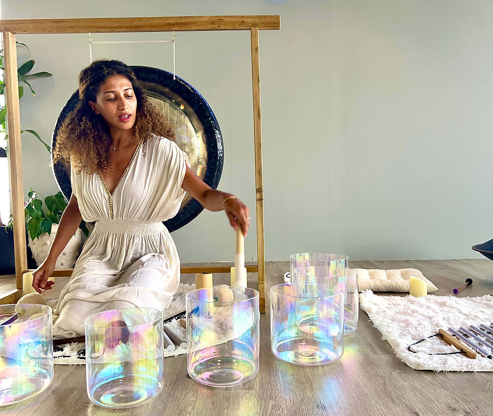 Eye-level view of a serene sound therapy session in a tranquil setting