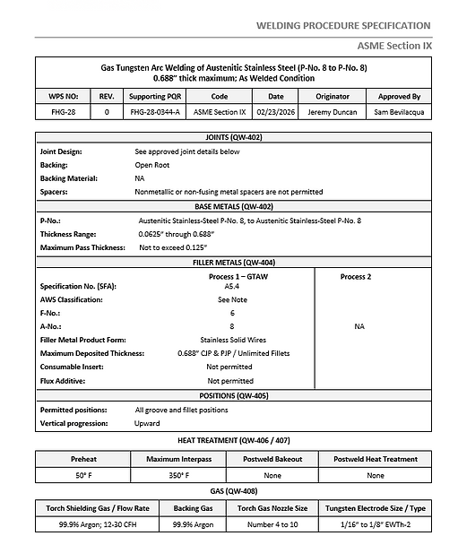 AIT NDE Welding Procedure Specification WPS for GTAW of austenitic stainless steel supporting NDT services