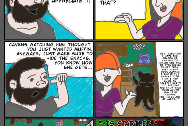 “Comic page titled Adventures of Muffin: Food Party, showing two illustrated characters discussing watching a black cat named Muffin. The cat goes into a dramatic slow-motion food-stealing sequence with flashing lights and colorful effects.”