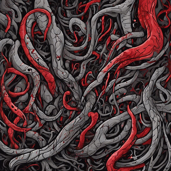 Abstract scribbles mixes with bloody carnage, tenticles,and intestines black and red and d
