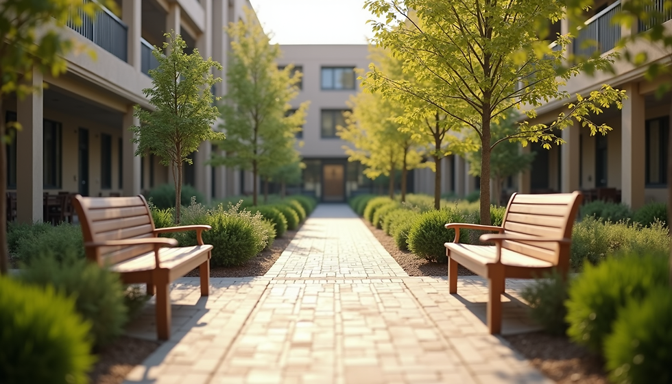 Senior living community courtyard with benches and greenery