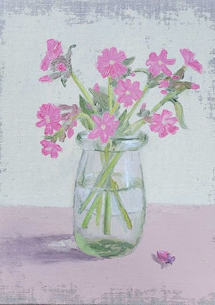 Still life painting of a small bunch of pink 'Red Campions' wildflowers in a small glass bottle