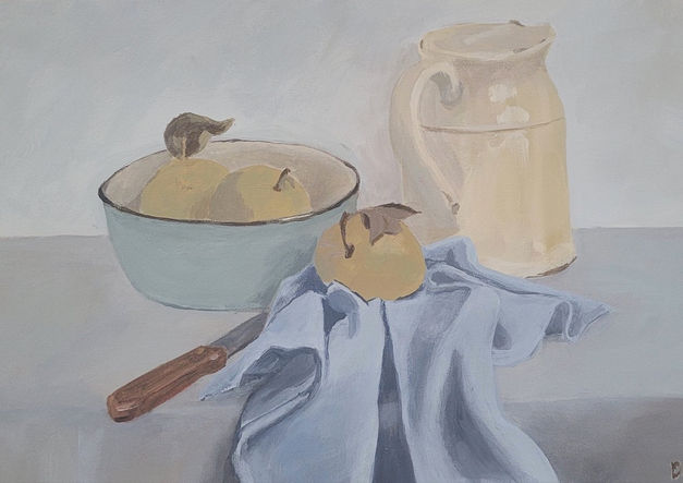 A calm still life painting showing a cream ceramic jug, a blue cloth, apples in a bowl and a knife on a table.
Acrylic on canvas paper by Diana Gagic