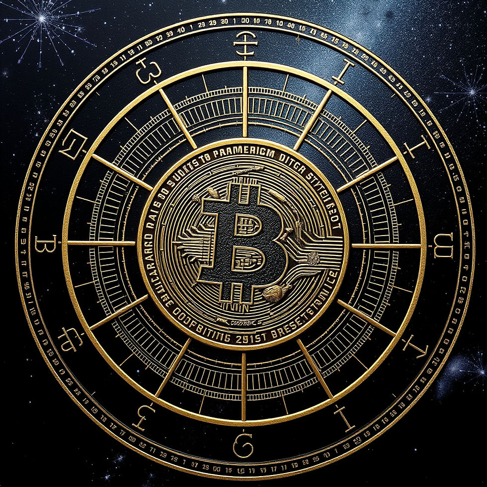 A circular design with gold Bitcoin symbol, surrounded by intricate patterns and cosmic background, creating a futuristic, digital feel.