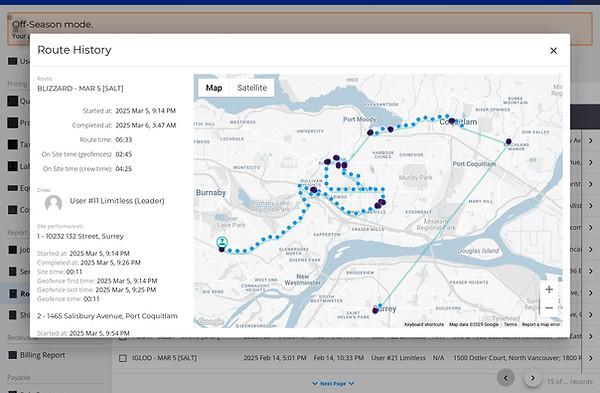 GPS-tracked snow removal route map showing precise service paths and coverage for a strata property