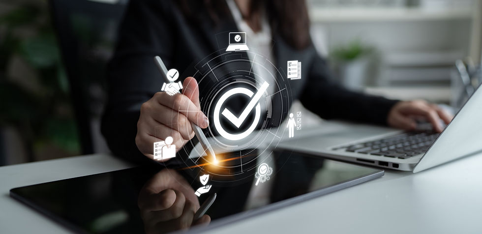 Woman working with a laptop and tablet, with task icons displayed above the tablet to represent planning, productivity, and workflow management