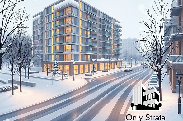 Snowy modern apartment building in Metro Vancouver — strata-focused snow clearing and plowing services