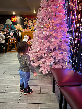 Jules loving a pink Christmas tree