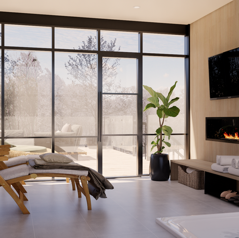 Chalet Nordique du Québec style scandinave, beautiful livingroom and Solarium -Spa with terrace, Design par Studio Angel & Co